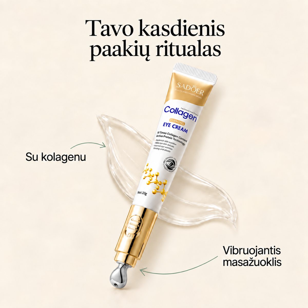 Kolageninis paakių kremas su vibruojančiu masažuokliu, 20g